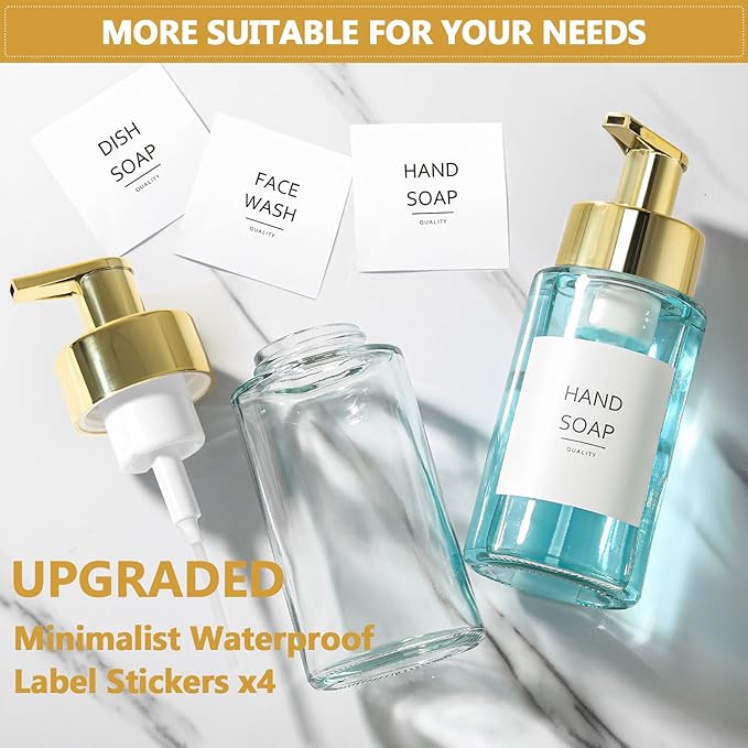 Foaming Soap Dispenser, 10 oz/300ml Gold Soap Dispenser, 2 Pack Glass Foaming Hand Dispenser for Bathroom & Kitchen, Clear Refillable Foam Bottle with Waterproof Labels