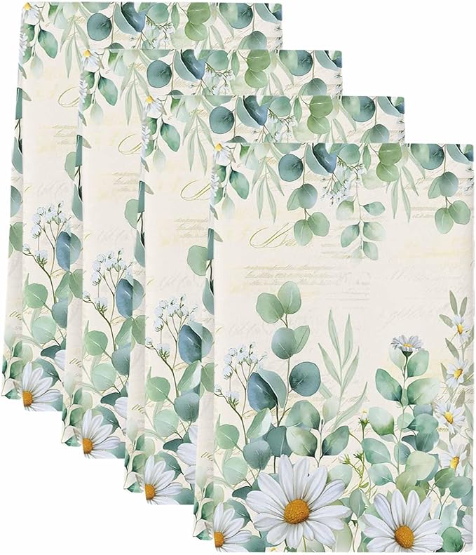 Kitchen Towels Set of 4, Green Eucalyptus Leaves Soft Microfiber Dish Towels, Daisy Summer Botanical Farmhouse Absorbent Quick-Dry Washable Dishcloths for Kitchen Cleaning, Drying Dishes, 18x28 Inches