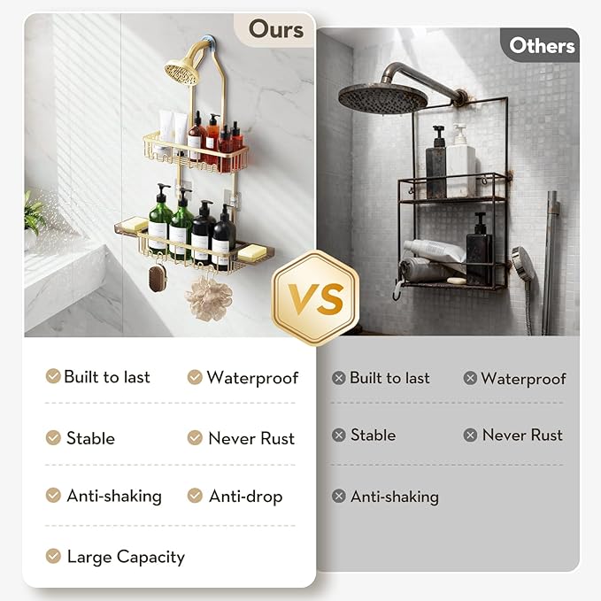 VALORDINE Shower Caddy Hanging, Shower Organizer Hanging, Aluminum Shower Racks for Inside Shower with Hooks for Razor, Never Rust Bathroom Organizers and Storage with Soap Holder, Gold
