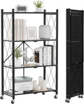 ALANNG Heavy Duty 4-Tier Folding Shelf with Wheels, No Tools Assembly Metal Storage Rack Cart, 264LBS Capacity for Kitchen, Pantry, Laundry Room, Garage, (Black, 1PACK)