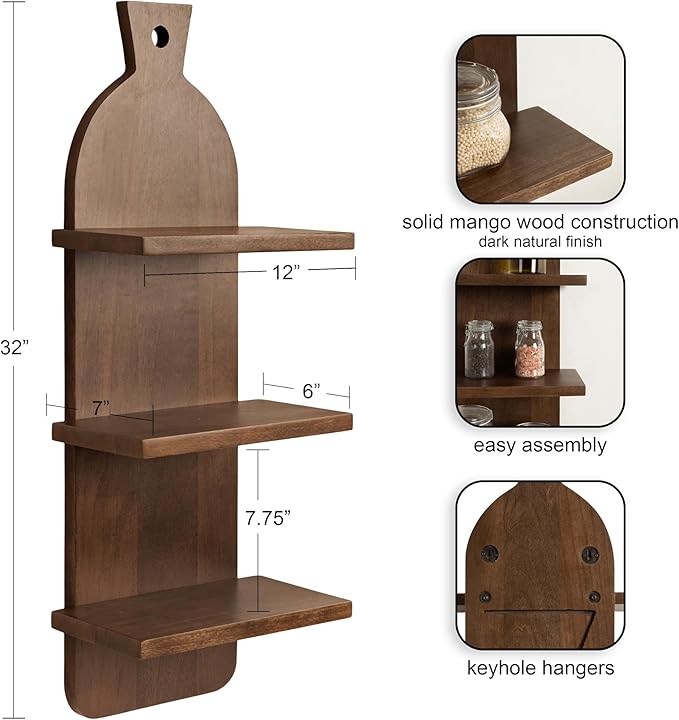 Kate and Laurel Braxton Modern Farmhouse Three-Tier Wall Shelf, 12 x 7 x 32, Natural Brown, Transitional Tiered Wood Display Shelf for Kitchen Spice Rack