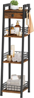 4-Tier Narrow Ladder Shelf with Drawer, Bathroom Table Stand for Small Space, Narrow Bathroom Standing Shelves with Storage for Living Room Bedroom Kitchen, Organizer Shelf, Rustic Brown