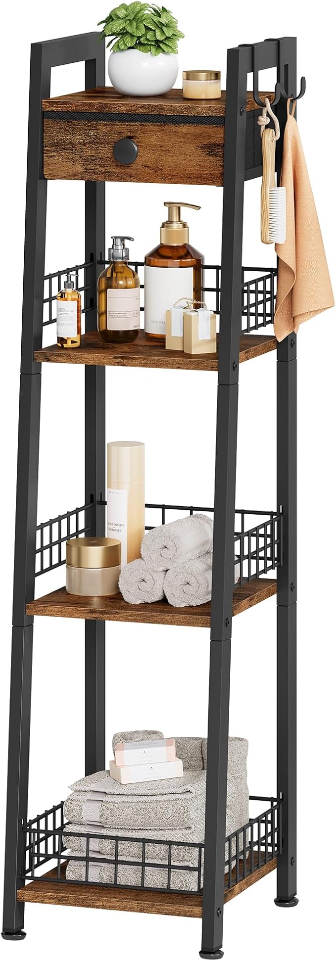 4-Tier Narrow Ladder Shelf with Drawer, Bathroom Table Stand for Small Space, Narrow Bathroom Standing Shelves with Storage for Living Room Bedroom Kitchen, Organizer Shelf, Rustic Brown