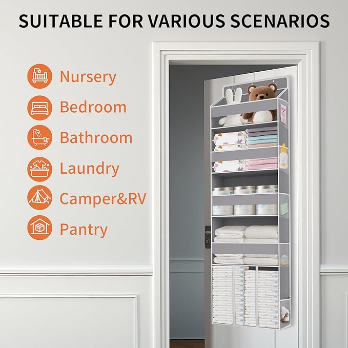 Heavy Duty Over the Door Organizer with Large Capacity Caddy, Behind Door Storage with 10 Mesh Side Pockets, Back of Door Hanging Organizer for Closet, Bathroom, Laundry