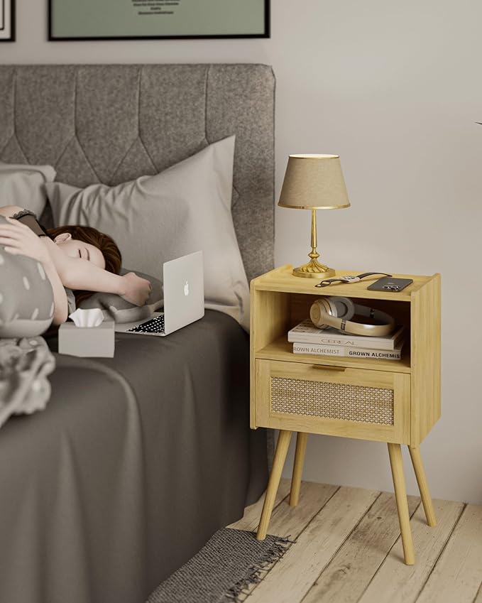 Veegle Rattan Nightstand,Modern Bedside Table with Storage Drawer and Open Wood Shelf, for Living Room, Bedroom and Small Spaces, Accent Night Stand with Solid Wood Legs, Easy Assembly,(Oak)