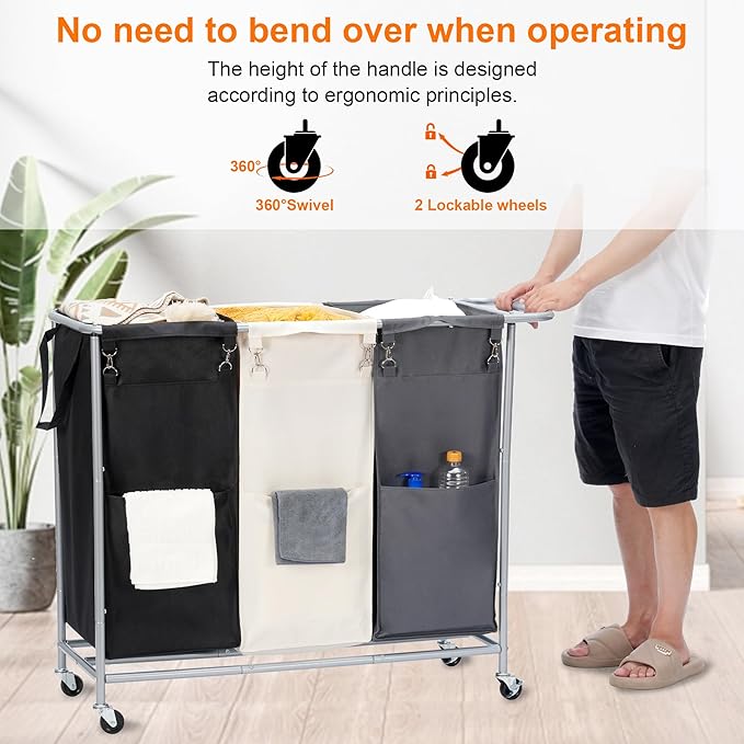 Heybly Laundry Basket, 3 x 18.5 Gal Laundry Separator Hamper with Heavy Duty Rolling Wheels, Laundry Divider Sorter with Removable Bags for Dirty Clothes Storage, 40.2 x 15.4 x 33.1 Inches HLH022P03