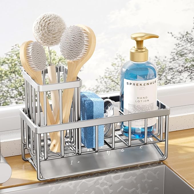 Kitsure Sponge Holder for Kitchen Sink - Rustproof Stainless Steel Sink Caddy Organization and Storage Essentials with High Brush Holder, Home Decor Accessories, 7.9" x 3.7" x 6.2", Sliver