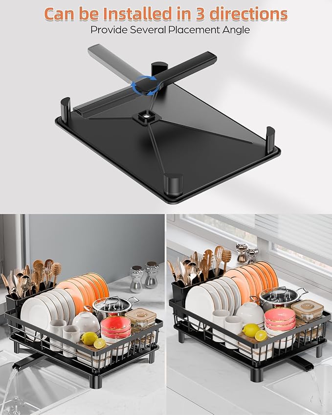Dish Drying Rack, Stainless Steel Drainer Rack with Drainboard with Smart Drainage System, Space Saving Dish Strainer for Kitchen Counter with Cutlery Holder, Black