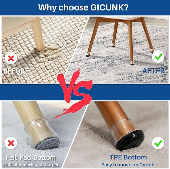 Chair Leg Floor Protectors for Hardwood Floors and Carpet Silicone Covers to Protect Wood Tile Floors Chair Sliders Non Slip Reduce Noise 28 Pcs Clear Round L Fit:1-3/16"~1-9/16"