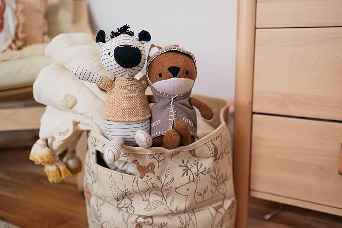 Crane Baby Woodland Nursery Basket, Animal Nursery Decor, Fabric Storage Bin, Collapsible Forest Decor, Hamper with Handles for Toys, Laundry, and Baby Items