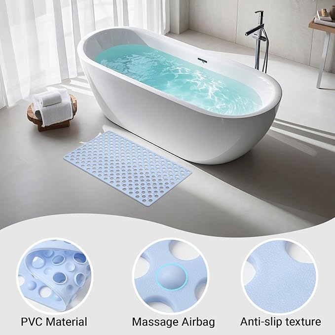 BREELEAM Non Slip Bathtub Mat and Shower Mat 31x17 inch,Bath Mat with Quick Dry Drain Holes and Suction Cups, Soft Comfortable Safe Bathroom Mat for Bath Tub, Floor, Tile (Light Blue)