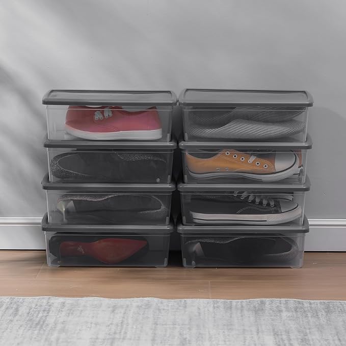 novelinks 6 Quart Clear Plastic Storage Bins with Lids Stackable Box Craft Storage Organizing Container,8 Pack (Gray)