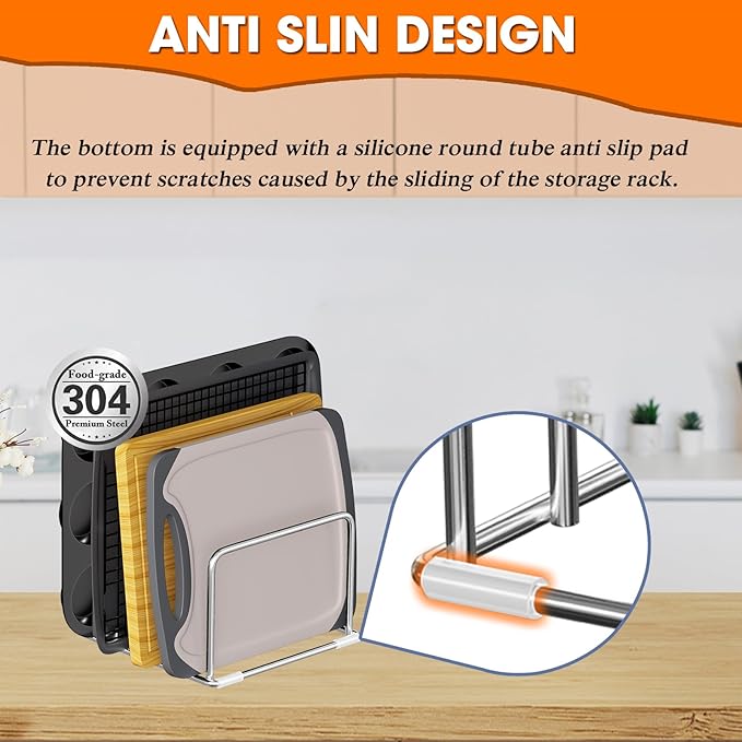 304 Stainless Steel Cutting Board Organizer Rack – Rustproof Compact 4-Slot Holder for Thin Cutting Boards and Plates – Premium Kitchen Storage Solution for Countertops and Cabinets