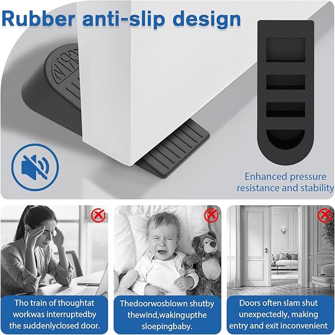 Rubber Small Door Stopper Wedge – 4 Pack Black Door Stoppers Wedge for Bottom Doorstop,Door Stop for Heavy Duty Doors with Self Adhesive Holder Ideal for Homes, Schools, Offices, Workshops