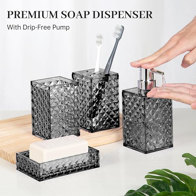 Bathroom Accessory Set, Grid Pattern 4 Pcs Plastic Bathroom Set Include Soap Dispenser, Soap Dish, Toothbrush Holder, Mousewash Cup, Modern Bahtroom Décor Set, Space Save for Bathroom((Grey)
