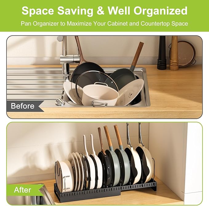 Pots and Pans Organizer Under Cabinet with Drain Board, Expandable Pot Lid Organizer inside Cabinet Holder with 10 Adjustable Compartment, Rack for Cutting Board, Sheet Pan, Cookware, Black