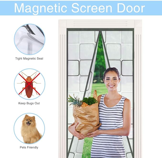 Insulated Curtain, Thermal Magnetic Self-Sealing EVA Screen, Keep Cold Out Cover Auto Closer for Kitchen, Bedroom, Air Conditioner Room, Hands Free, Fits Doors up to 38" x 84", Grey