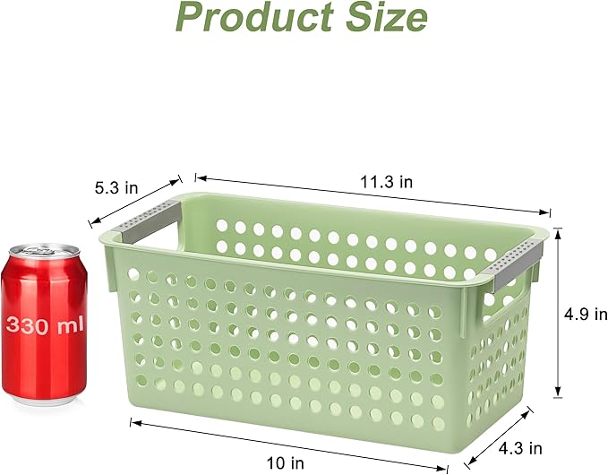 Soddeph Slim Plastic Storage Basket with Handles, Narrow Organizer box for Shelves, Organizer box for Organizing, Kitchen,Home,Office (Green, Small)