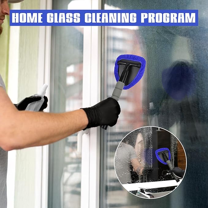 wuyaoyao 14PCS Car Windshield Cleaning Tool, Car Glass Wiper Kit with Window Cleaner, Microfiber Pads, Spray Bottle, Extendable Handle, Interior Detailing Dust Brush, Car Cleaning Supplie (Blue)