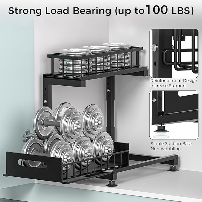 Under Sink Organizer, 2-Tier Premium Metal Pull-Out Racks with Adjustable Height, Heavy Duty Sliding Bin for Bathroom and Kitchen Cabinet Storage, Rust Resistant 2 Pack Black