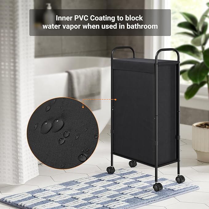 ELYKEN Slim Laundry Hamper with Lid, 50L Small Rolling Laundry Basket on Wheels, 7.9” Narrow Dirty Cloth Cart with Removable Inner Bag for Small Bathroom, Bedroom, Black
