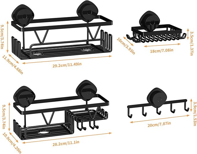 KEGII Shower Caddy Suction Cup, 4 Pack Suction Shower Shelf with Towel Rack No Drilling, Removable Shower Organizer with Hooks & Soap Holder, Space-Saving Bathroom Storage (Black)