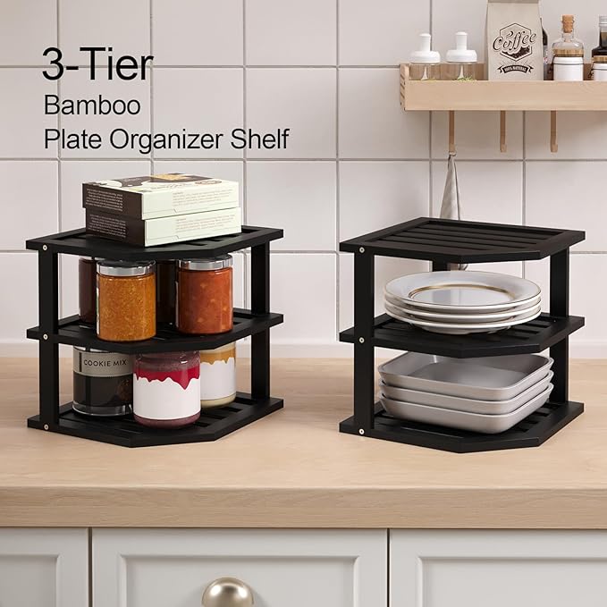 3 Tier Bamboo Corner Shelf(2 Pack),Dish Drying Rack,Plate Organizer,Kitchen Spice Rack for Countertop and Cabinet(Black)