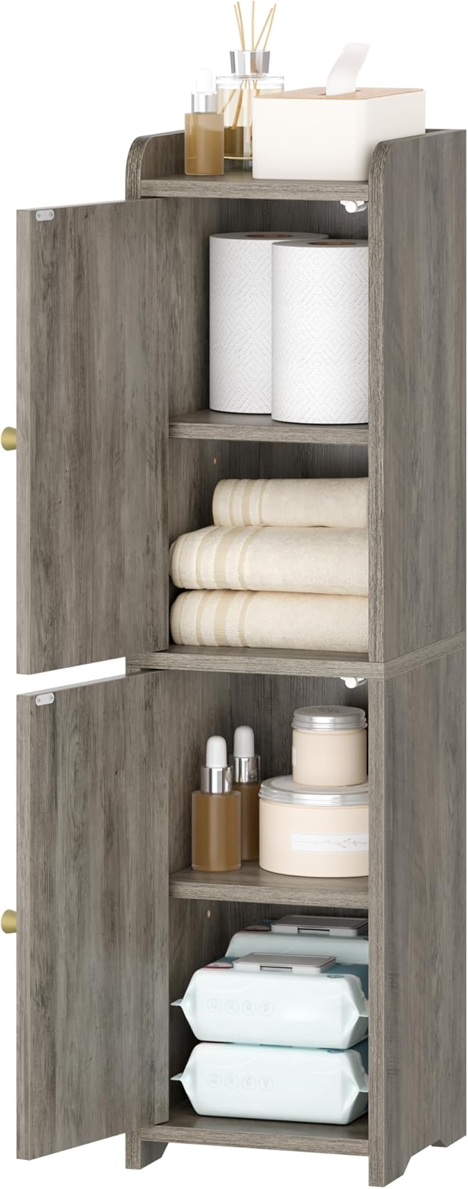 Bathroom Storage Cabinet, Small Corner Floor Cabinet with 2 Doors and Adjustable Shelf, Narrow Toilet Paper Cabinets, Bathroom Organizer for Small Spaces, 7.9" D x 7.9" W x 29.5" H Greige