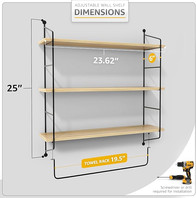 Sorbus 3-Tier Floating Bathroom Shelves for Wall - Wood Wall Storage for Towels, Over The Toilet Storage Cabinet, Gaming Floating Shelves, Bathroom Accessories, and Home Decor (Maple)