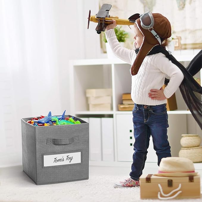 artsdi 13x13x13 storage cube bins (Set of 10) Fabric storage cubes with 10 Labels Window Cards & a Pen, storage cubes 13x13, Collapsible 13 inch cube storage bins, Cubby Organizer Boxes, Gray