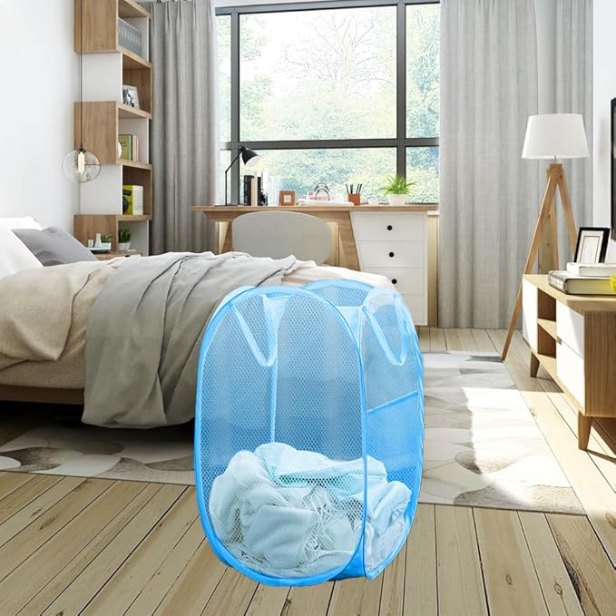 Mesh Laundry Hamper, Pop Up Laundry Basket Portable Collapsible Clothes Storage Bin for Bedroom, College Dormitory, Apartment, Foldable Clothes Hamper, Sky Blue