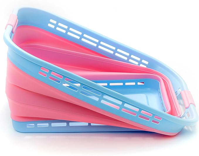 SAMMART 42L (11 Gallons) Collapsible Plastic Laundry Basket - Foldable Pop Up Storage Container/Organizer - Portable Washing Tub - Space Saving Hamper[BPA Free] (Cool Blue/Maglia Rosa (Set of 2))