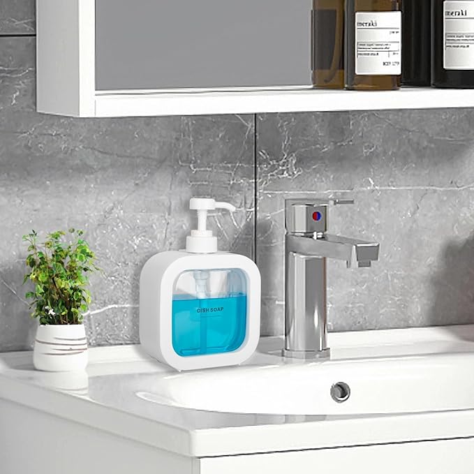 Modern Soap Dispenser for Bathroom and Kitchen Sink, Small Hand Soap Plastic Dish Soap Dispenser with Pump and Labels - White