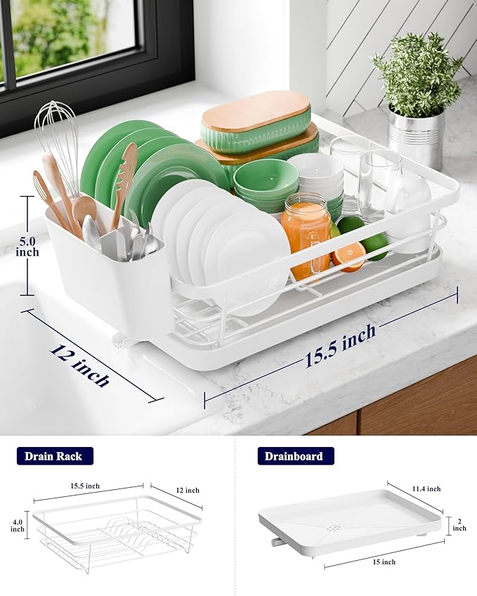 Kitsure Dish Drying Rack - Compact Dish Rack with Utensil Holder & Adjustable Water Outlet, Rust-Proof & Scratch-Resistant Drying Rack for Kitchen, 15.5" x 12.0" x 5.0", White