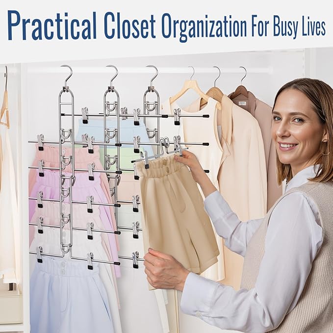 Pants & Skirt Hangers with Clips, Newly Upgraded Detachable - Space Saving Hangers, 6-Tiers Foldable Skirt Hangers for Women - Hanging Closet Organizer and Storage - 4 Pack, Patent Pending