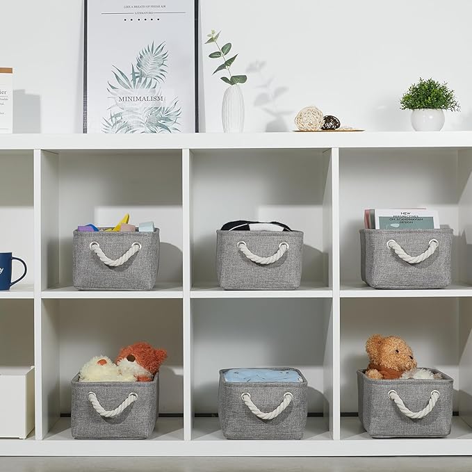 Bidtakay Small Gray Baskets Set of 6 Fabric Storage Bins with Handles 11.8 x 7.8 x 5 inch Collapsible Canvas Organizer Bins Baskets for Organizing Closet Shelf Storage