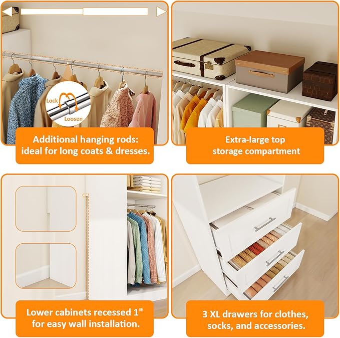 Closet Organizer System Of 4 Sets with 6 Drawers, 8 Shelves, 8 Hanging Rods, 8FT Closet System, Walk In Closet Wood, Modular Closet System Storage White (8FT)