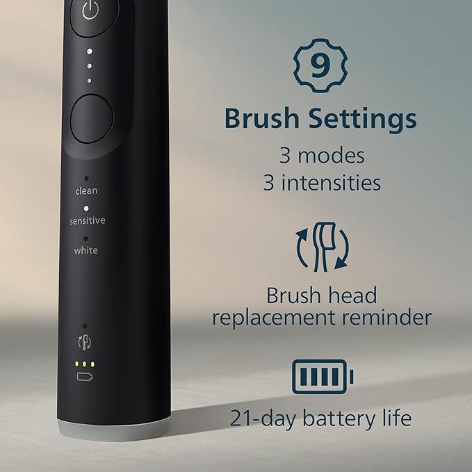 Philips Sonicare 6700 Series Electric Toothbrush - Next-Generation Sonicare Technology, Pressure Sensor, 9 Brushing Settings, SmarTimer, BrushPacer, 21-Day Runtime, Travel Case, Black, HX7411/06