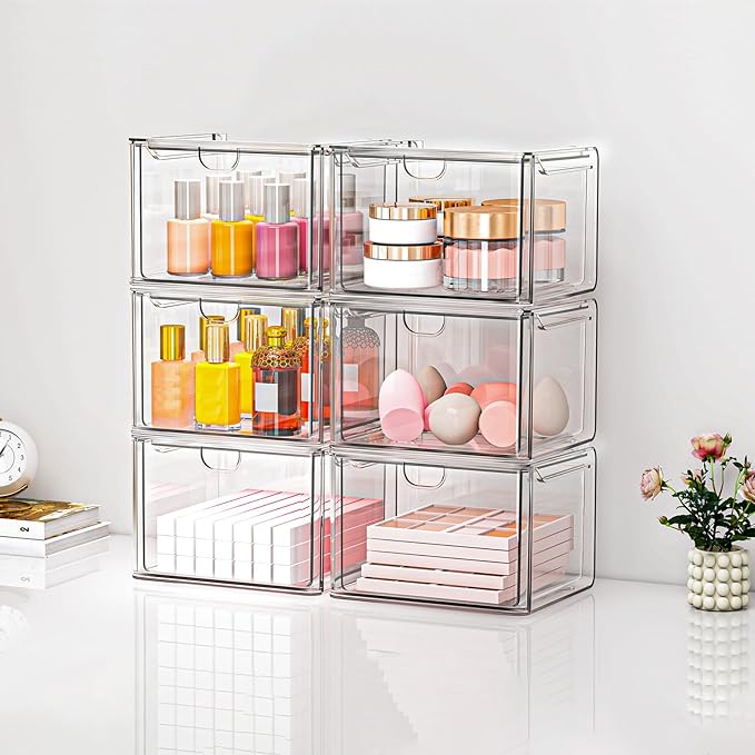 6 Pack Small Stackable Stroage Drawers, Acrylic Bathroom Makeup Organizer, Plastic Storage Bins for Vanity, Undersink, Kitchen Cabinets, Pantry, Home Organization
