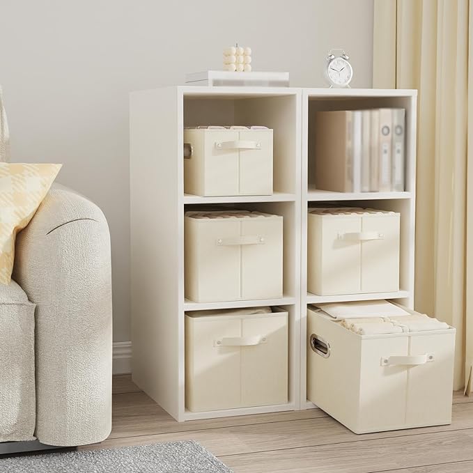 Foldable Cloth Basket with 3 Handles, Decorative Open Storage Boxes, Stackable Cube Organization, Fabric Bins for Shelves, Closet, Living Room, 15x9.8x9.8in, Beige, 4 Pack