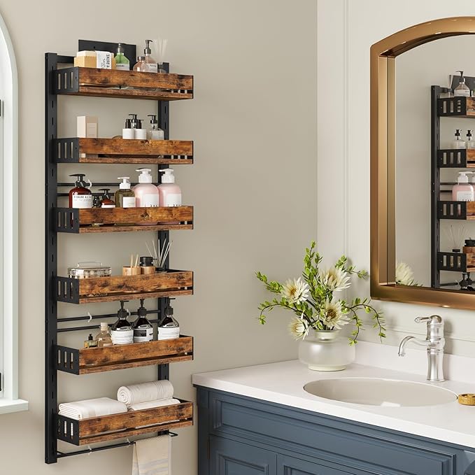 HOOBRO Over the Door Pantry Organizer, 6-Tier Hanging Spice Rack with Adjustable Shelves for Kitchen, Bathroom and Closet Storage, Door/Wall Storage Organizer, Rustic Brown and Black BF60TL01
