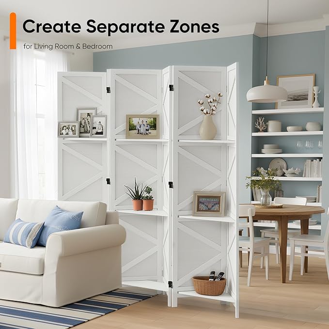 Modern Room Divider with Shelves, White X-Shape Design Folding Partition, 6-Panel Contemporary Freestanding Divider for Bedroom&Office, 67" H x 96" W