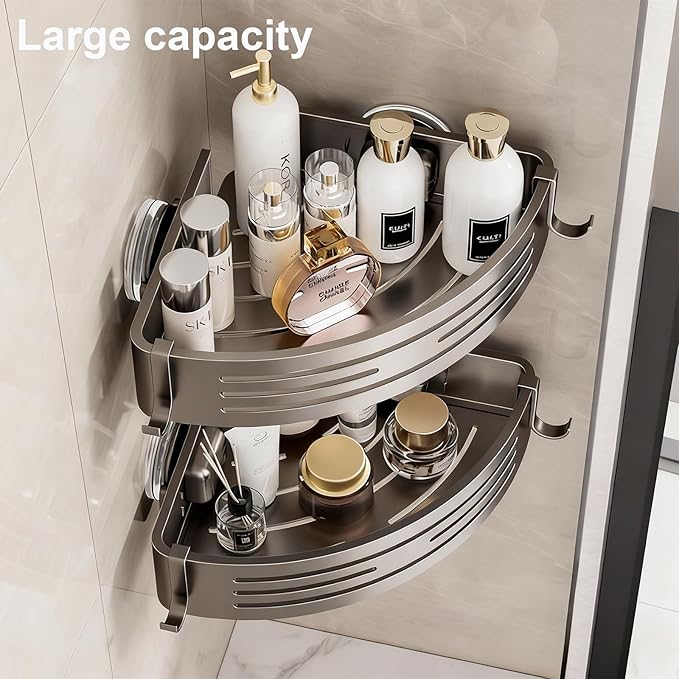 Corner Shower Caddy Suction Cup,2 Pack Shower Shelves with Hooks No Drilling Removable,Large Capacity Bathroom Organizers and Storage,Waterproof Rustproof Shower Bathroom Accessories Decor2 (11.8 in)