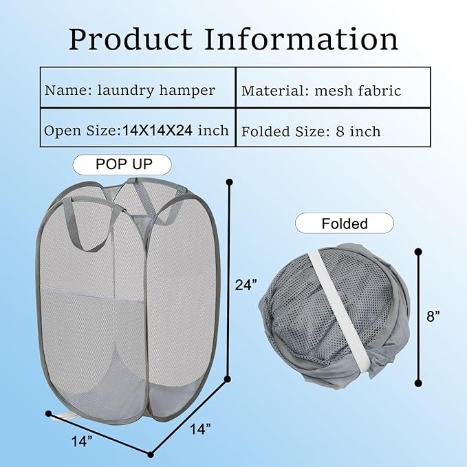 2 Pack Pop Up Laundry Hamper, Collapsible Laundry Baskets, Foldable Mesh Laundry Baskets Storage Bins Large Top Opening for Bedroom, College Dorm, Travel (Grey)