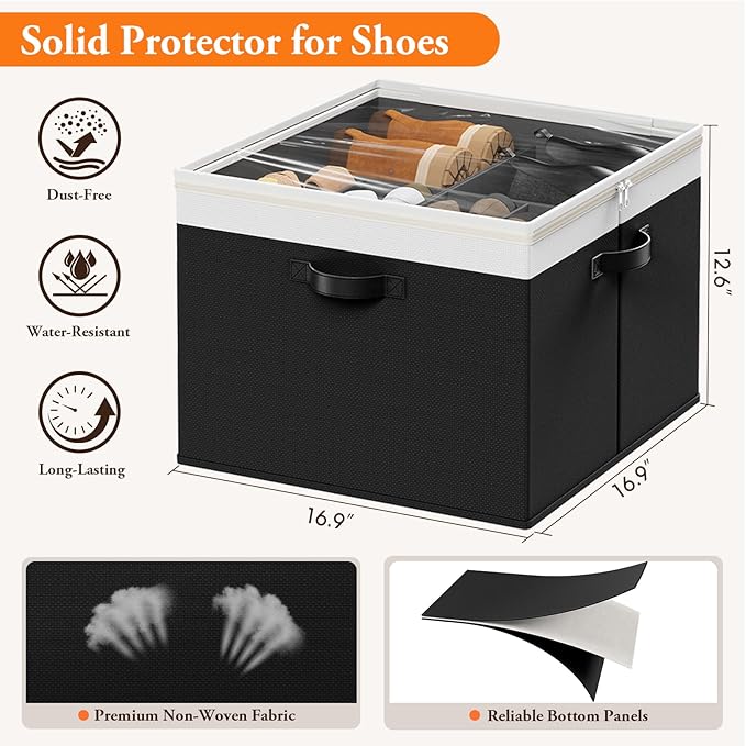 Shoe Organizer for Closet - 2 Packs Hold up to 32 Pairs, Large Shoe Storage Organizer Containers with Adjustable Dividers, Clear Cover, Leather Handles for Heels, Boots, Sneakers (Black)