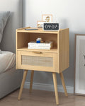 Veegle Rattan Nightstand,Modern Bedside Table with Storage Drawer and Open Wood Shelf, for Living Room, Bedroom and Small Spaces, Accent Night Stand with Solid Wood Legs, Easy Assembly,(Oak)
