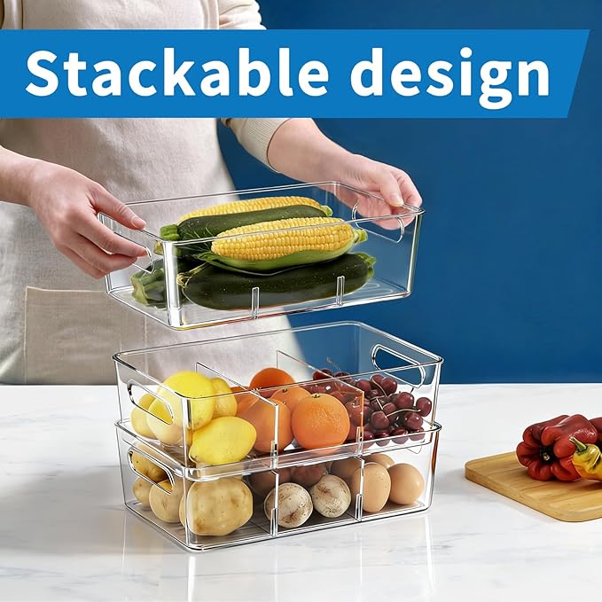 Mpotmiy 10 Pack Pantry Organizers and Storage,Clear Plastic Containers with 2 Dividers for Kitchen,Fridge Organization and Storage,Acrylic Bins for Pounches,Spice Packet,Snack organzier