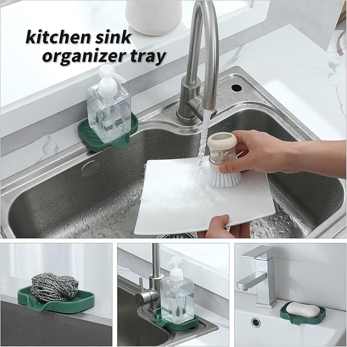 MicoYang Silicone Bathroom Soap Dishes with Drain Spout-Bathroom and Kitchen Sink Organizer,Sponge Holder,Dish Soap Tray,Perfect for Dispenser,Scrubber,Bottle,Cup on Sink or Counter-Green 4.9"×3.2"