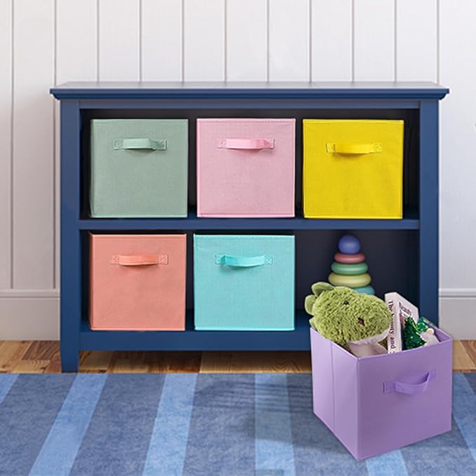 Fabric Storage Bins 6 Pack 11 inch Foldable Storage Cubes with Handles Fun Colored Durable Cube Storage Bin for Home, Playroom, Closet Organizers and Storage Green, Cyan, Purple, Yellow, Pink, Peach
