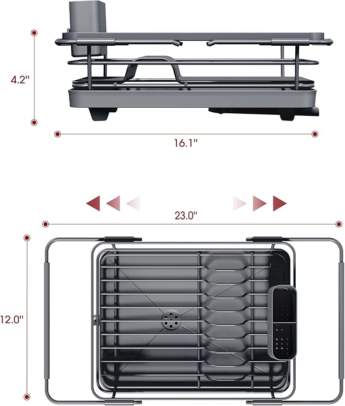 Extendable Dish Drying Rack Over Sink with Dish Drainer, Sink Organization and Storage Essentials with Silverware & Utensil Holder, Home and Apartment Decor, 12" W x 16.1~23" L, Gray